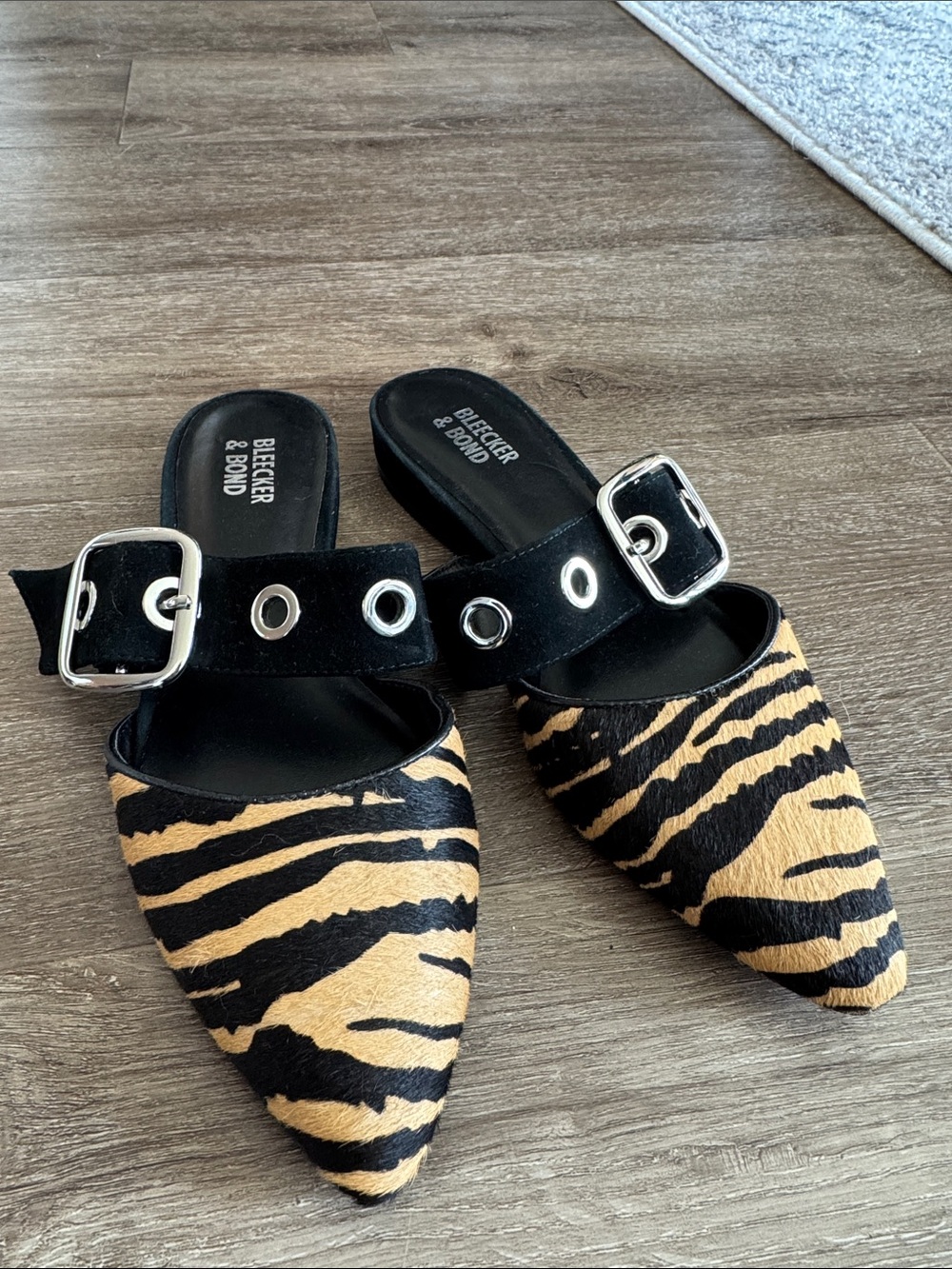 Bleecker & Bond Zebra-Print Pointed Mule in Black and Tan